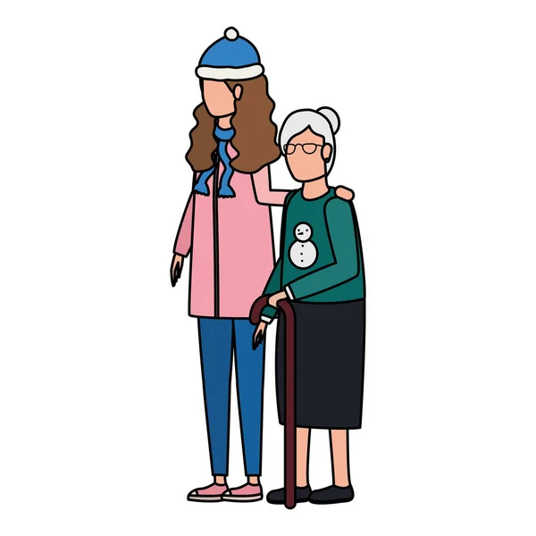 Linda abuela con hija usando sombrero de Navidad — Vector de stock