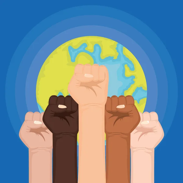 种族间的手与世界地球的拳头 — 图库矢量图片