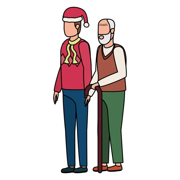 Χαριτωμένο παππούς με το νεαρό γιο χρησιμοποιώντας το καπέλο Χριστούγεννα — Διανυσματικό Αρχείο