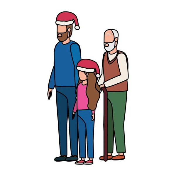 Lindo abuelo con hijo pequeño y nieta usando sombrero de Navidad — Vector de stock