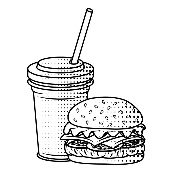 Délicieux hamburger avec icône de la restauration rapide soda — Image vectorielle