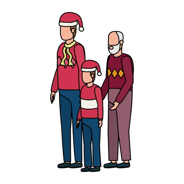 Милий дідусь з молодим сином і онуком, використовуючи різдвяний капелюх — стоковий вектор