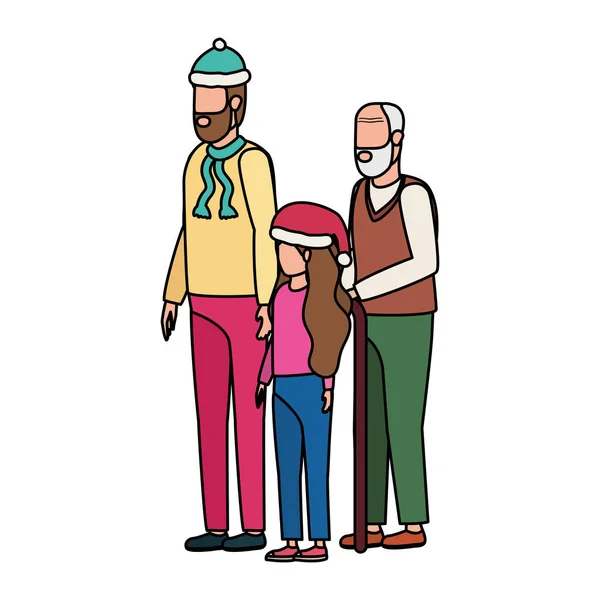 Χαριτωμένος παππούς με το νεαρό γιο και την εγγονή χρησιμοποιώντας το καπέλο Χριστουγέννων — Διανυσματικό Αρχείο