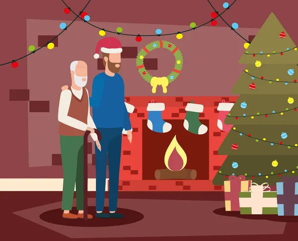 Lindo abuelo con hijo pequeño en la habitación de Navidad decorado — Vector de stock