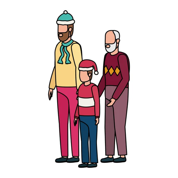 Χαριτωμένος παππούς με το νεαρό γιο και τον εγγονό χρησιμοποιώντας το καπέλο Χριστουγέννων — Διανυσματικό Αρχείο