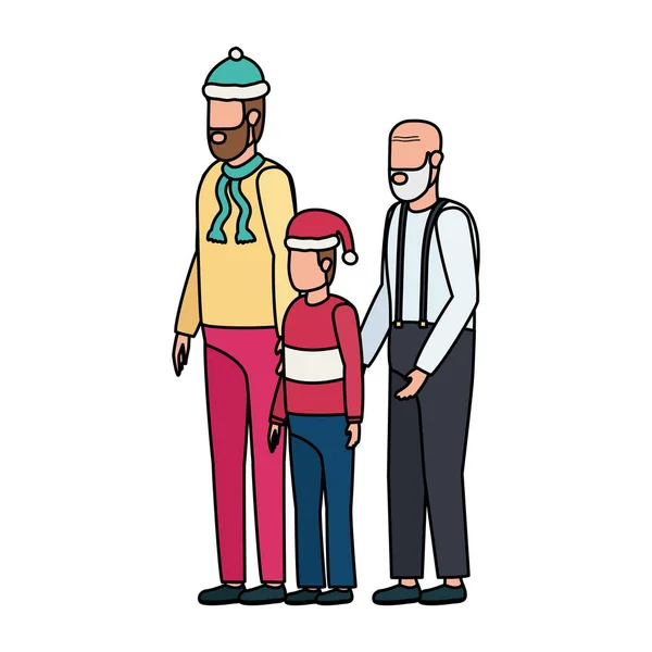 Χαριτωμένος παππούς με το νεαρό γιο και τον εγγονό χρησιμοποιώντας το καπέλο Χριστουγέννων — Διανυσματικό Αρχείο