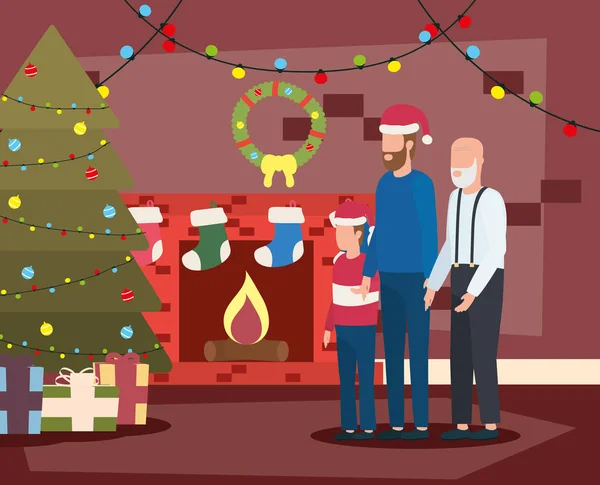 Großvater mit Sohn und Enkel im weihnachtlich dekorierten Zimmer — Stockvektor