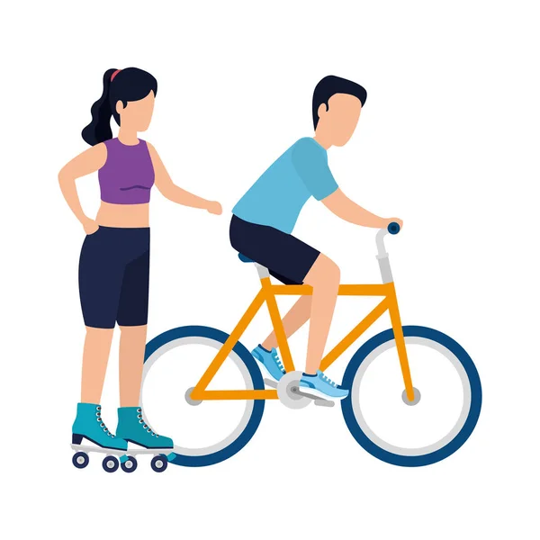 Man och kvinna med cykel och rullar vektor design — Stock vektor
