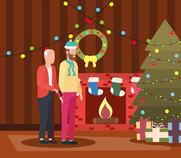 Söt farfar med ung son i rummet jul dekorerad — Stock vektor
