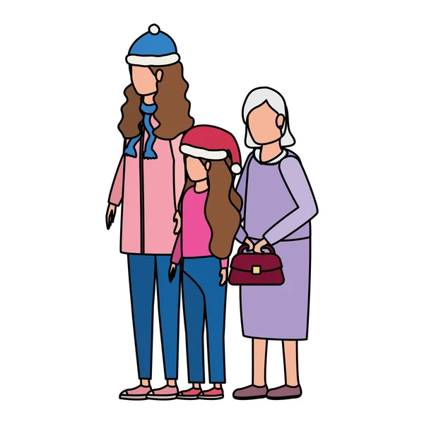 Grand-mère avec fille et petit-fille en utilisant le chapeau de Noël — Image vectorielle