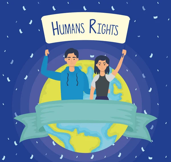 Ζευγάρι νεαρών εραστών με ετικέτα ανθρωπίνων δικαιωμάτων και πλανήτη γη — Διανυσματικό Αρχείο