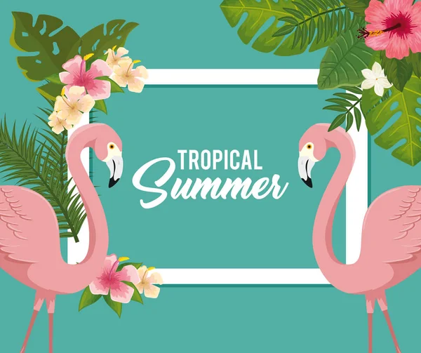 Tropikalny plakat letni z flamingami i kwiatami — Wektor stockowy