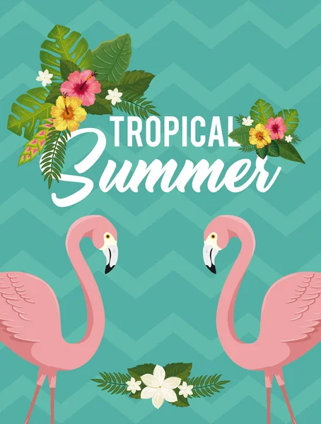 Cartel de verano tropical con flamencos y flores — Vector de stock