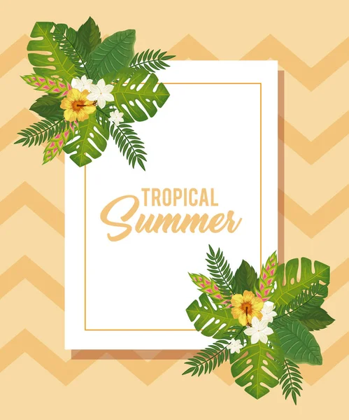 Tropisches Sommerposter mit Blumen und Blättern — Stockvektor