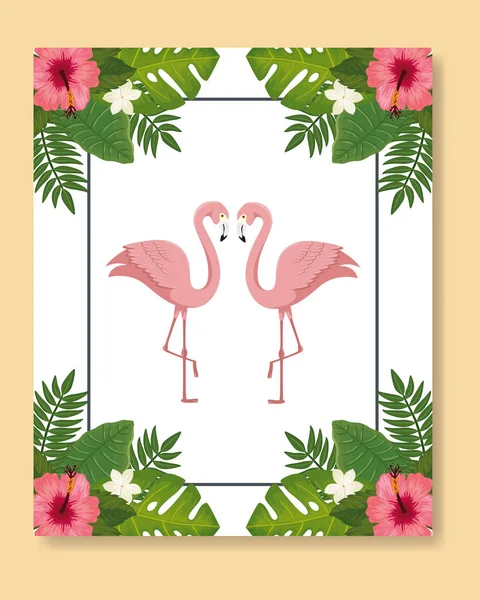 Flamingos pink animals with leafs nature — Stock Vector