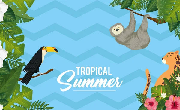 Tropisches Sommerposter mit exotischen Tieren und Blättern — Stockvektor