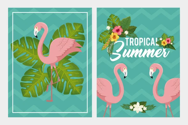 Set cenas de cartaz de verão tropical com flamingos e flores —  Vetores de Stock