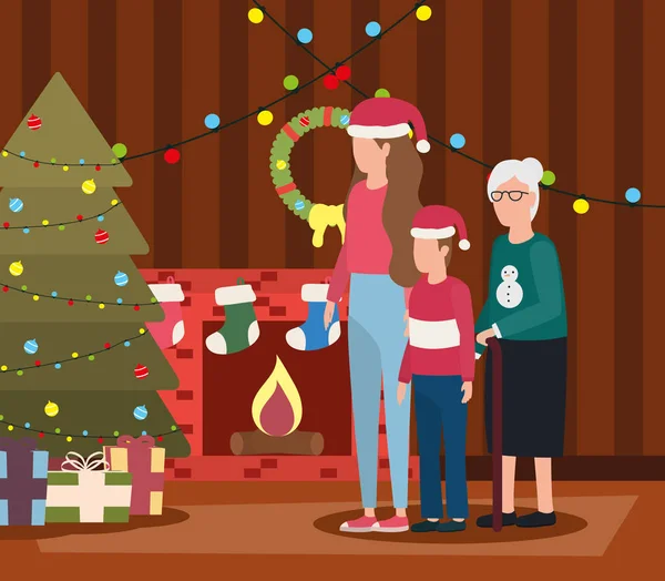 Großmutter mit Tochter und Enkel im weihnachtlich dekorierten Zimmer — Stockvektor