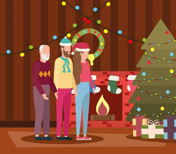 Schattig grootvader met jong paar in de kamer kerst versierd — Stockvector