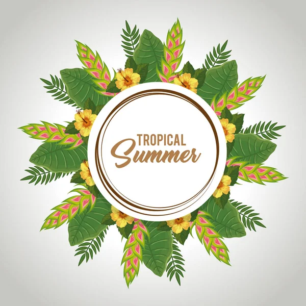 Cartel tropical de verano con flores y hojas — Vector de stock