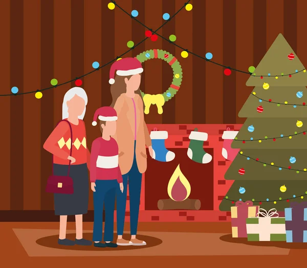 Abuela con hija y nieto en la habitación de Navidad decorado — Vector de stock