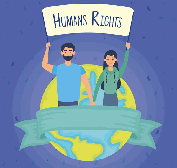 Pareja de jóvenes amantes con etiqueta de derechos humanos y planeta tierra — Vector de stock