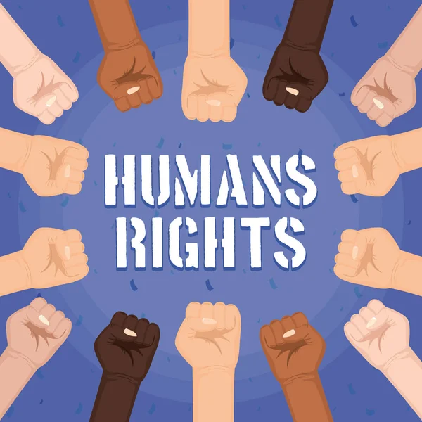 Interracial hands fist with humans rights lettering — Stock Vector