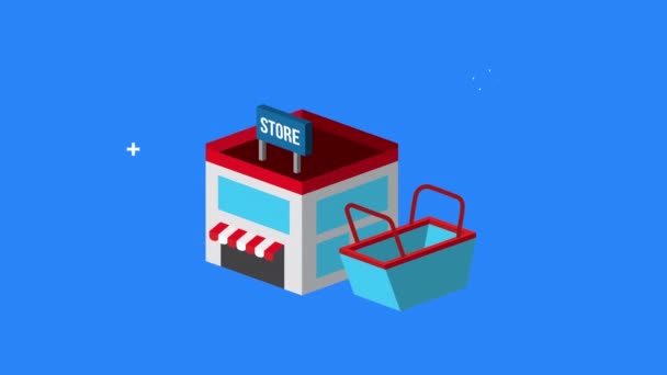 Marketing comercial com construção de loja e cesta — Vídeo de Stock