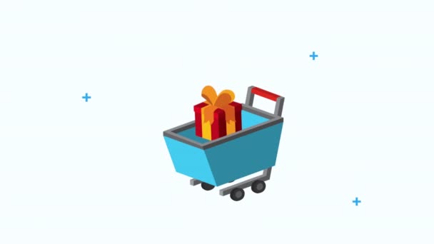 Mercadeo comercial con carrito de compras y regalo — Vídeos de Stock