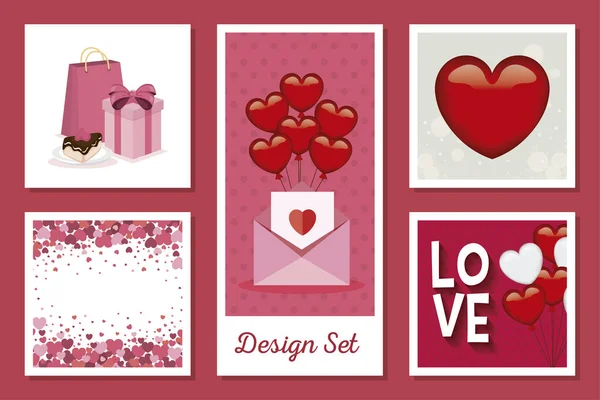 Conjunto de diseños de amor con decoración — Vector de stock