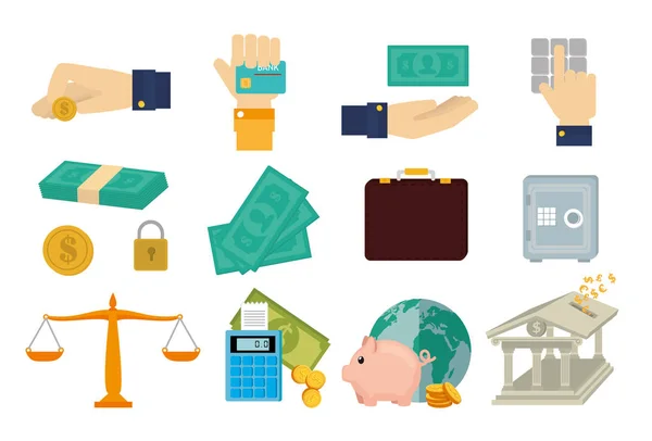 Pakiet rąk z ikonami zestawu finansowego — Wektor stockowy