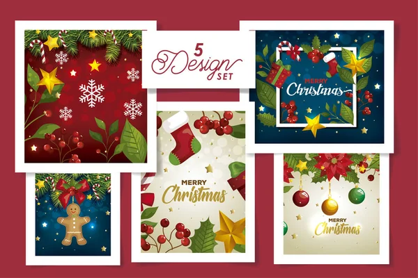 Conjunto de cinco diseños de feliz Navidad con flores y decoración — Vector de stock
