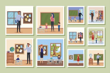 Öğretmenler ve öğrencilerle dolu sahne okulu