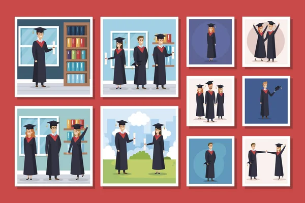 Paquet de scènes graduation avec les jeunes — Image vectorielle