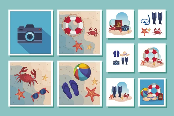 Paquete de escenas de verano con iconos — Vector de stock