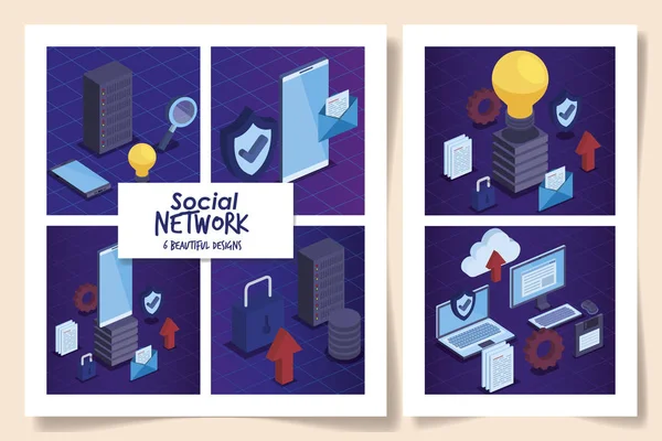 Set van zes social network designs met iconen — Stockvector