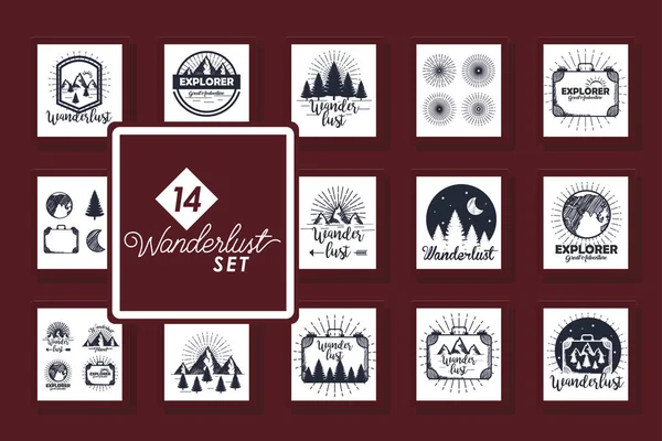 Conjunto de catorce diseños escenas wanderlust e iconos — Vector de stock