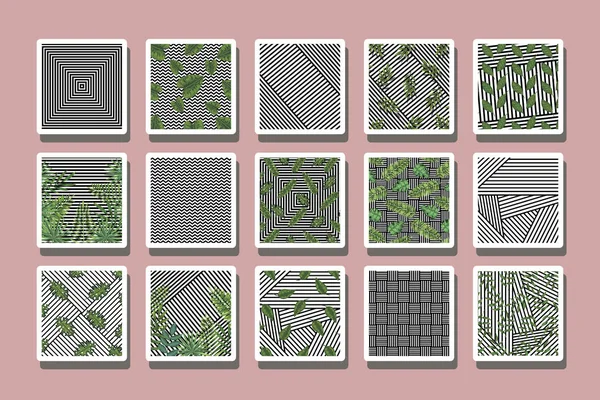 Bündel geometrischer Muster mit tropischen Blättern — Stockvektor