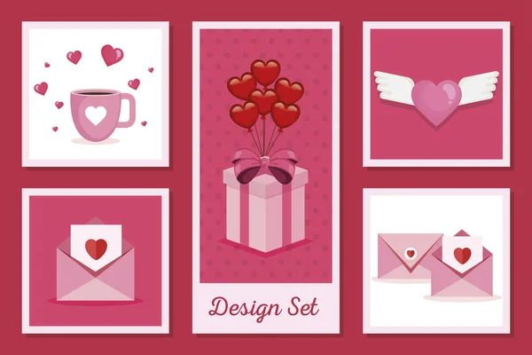 Conjunto de diseños de amor con iconos decorativos — Vector de stock