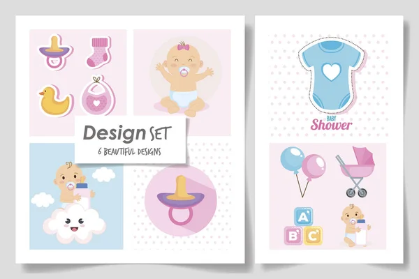 Set zes ontwerpen van baby shower voor meisje — Stockvector