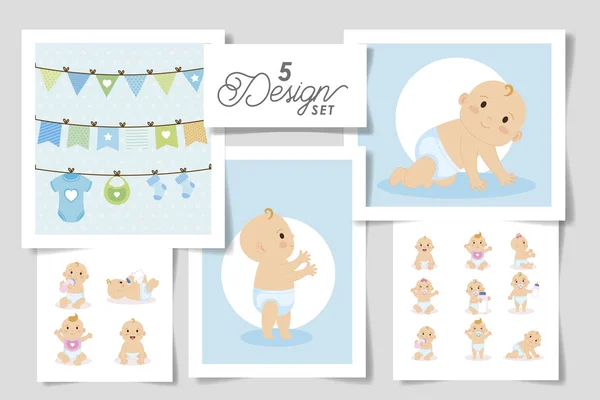 Zestaw pięciu projektów baby shower dla chłopca — Wektor stockowy