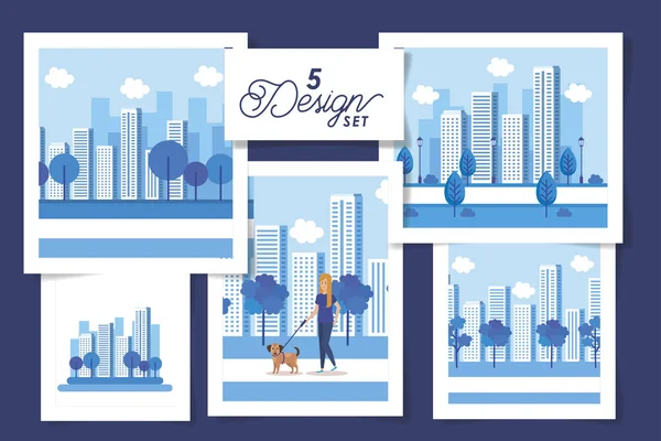 Set five designs of young woman and cityscapes — Stock Vector