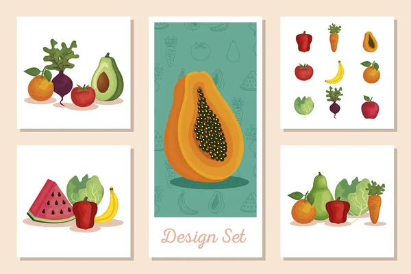 Uppsättning mönster färska med grönsaker och frukt — Stock vektor