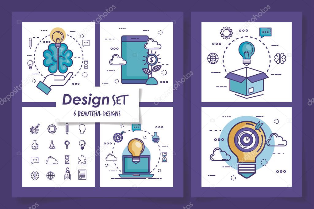 set six designs of teamwork with icons