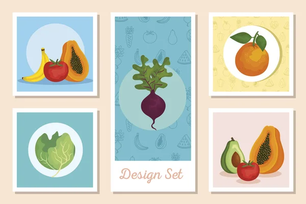 Uppsättning mönster färska med grönsaker och frukt — Stock vektor