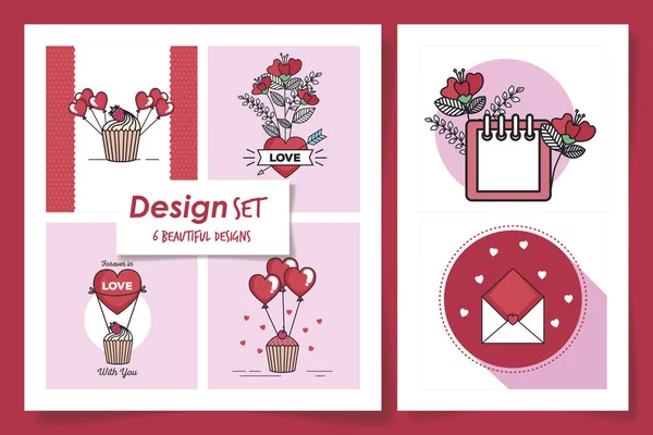 Conjunto de seis diseños de amor y decoración — Vector de stock