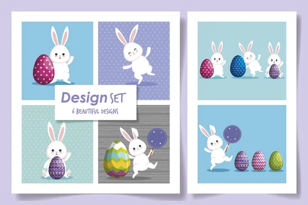 Définir six modèles de lapins de Pâques avec des œufs décorés — Image vectorielle