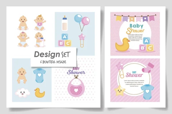 Set zes ontwerpen van baby shower voor meisje — Stockvector