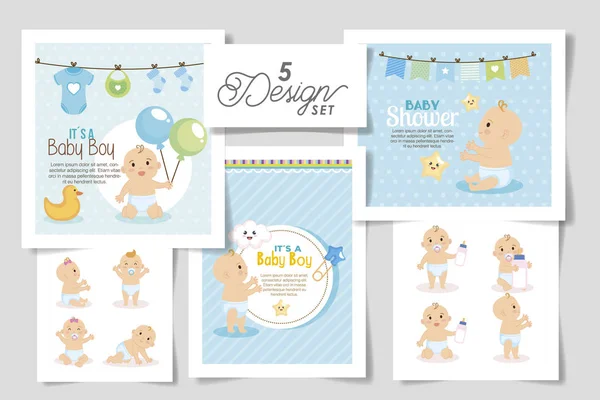 Set vijf ontwerpen van baby shower voor jongen — Stockvector