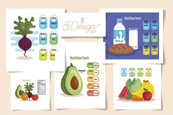 Ställa in fem utformningar av näring fakta med hälsosam mat — Stock vektor